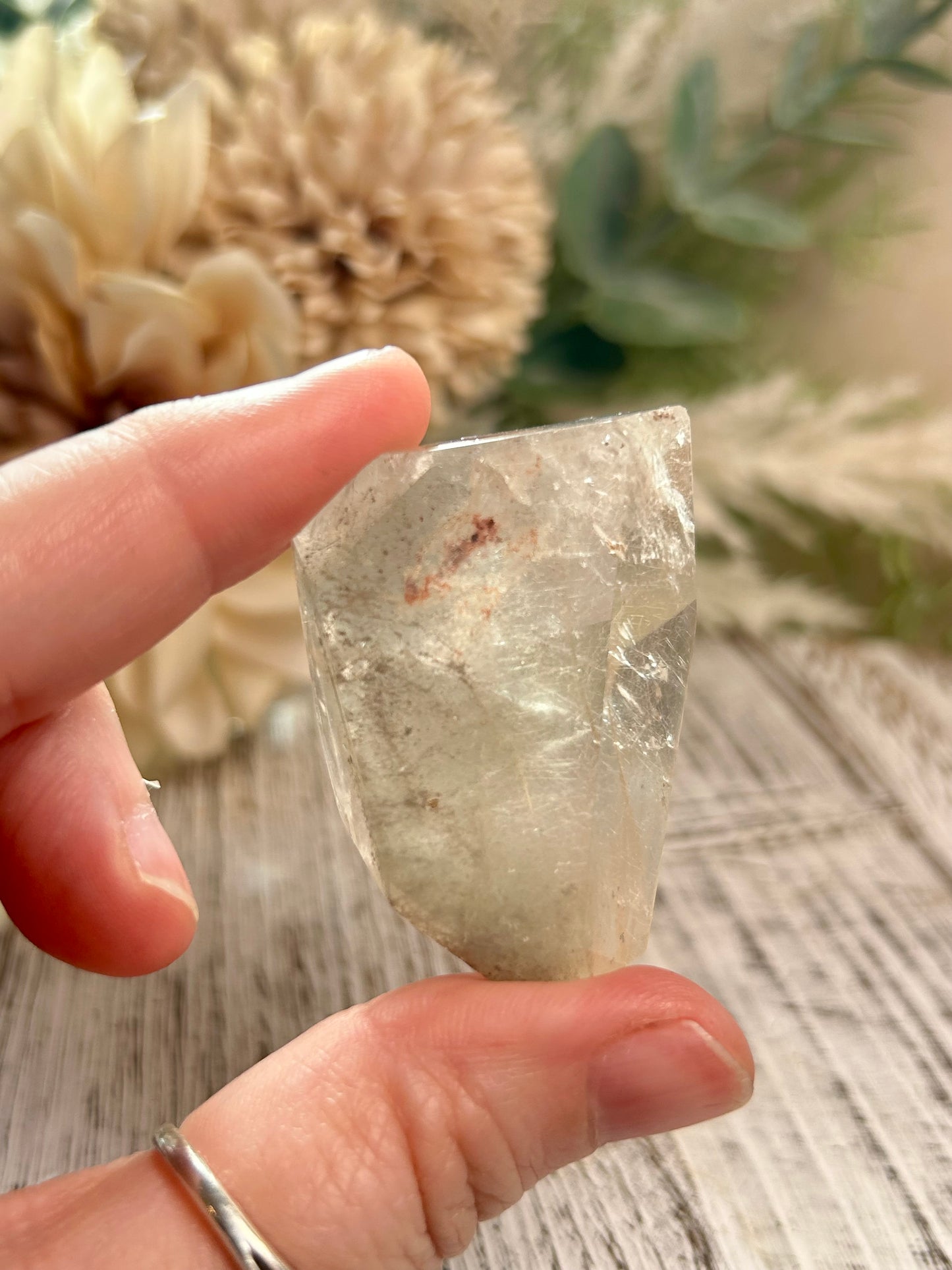 Hand holding a clear crystal with a natural background of flowers and wood.