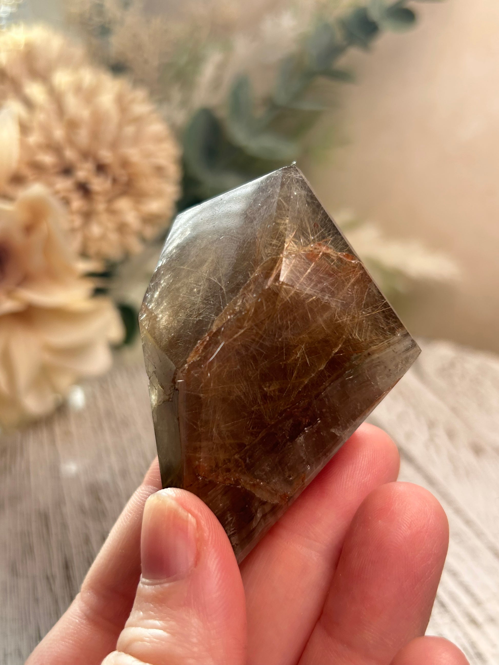 Hand holding a brown crystal with a blurred natural background
