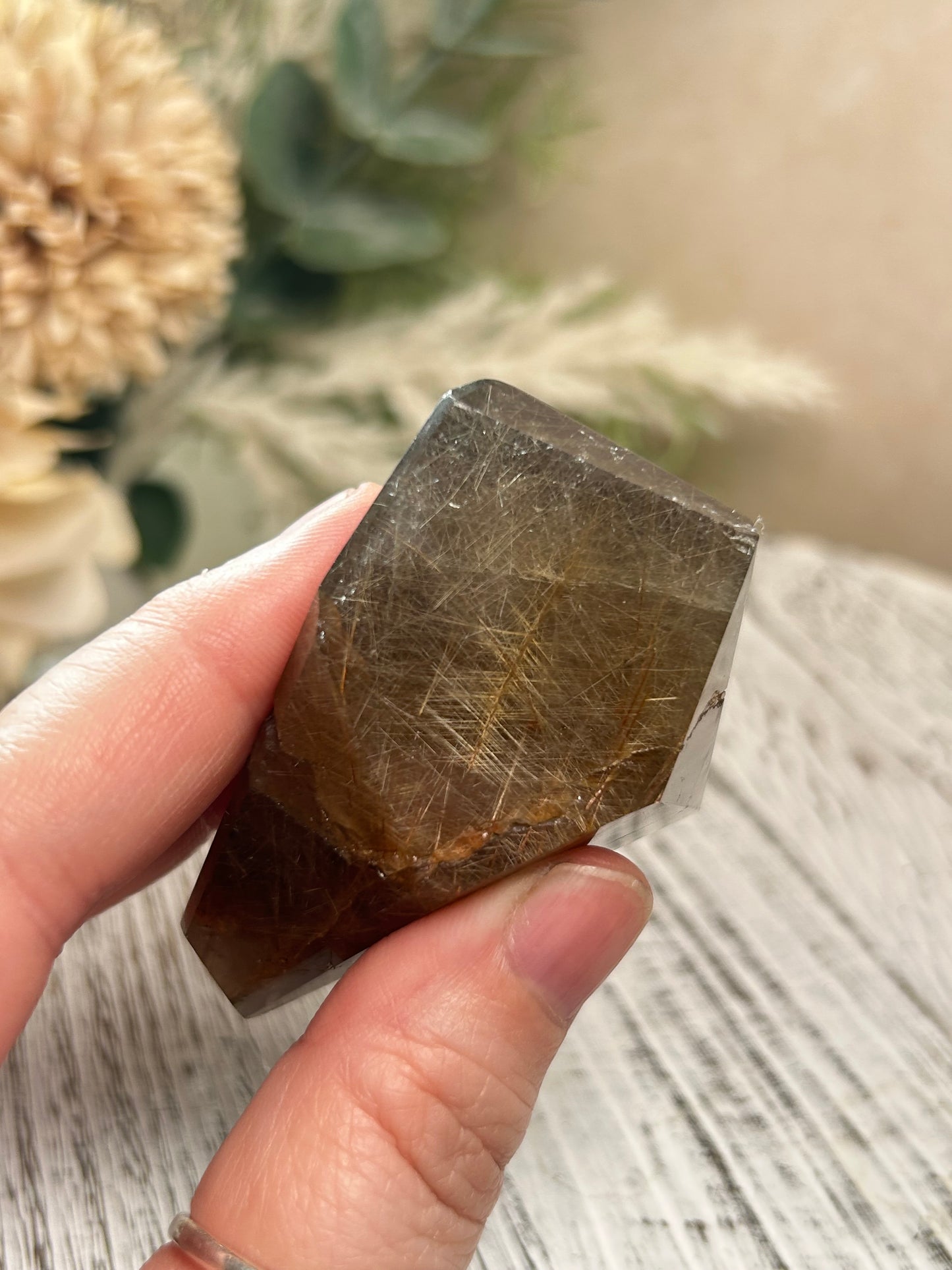 Hand holding a brown crystal with a blurred natural background