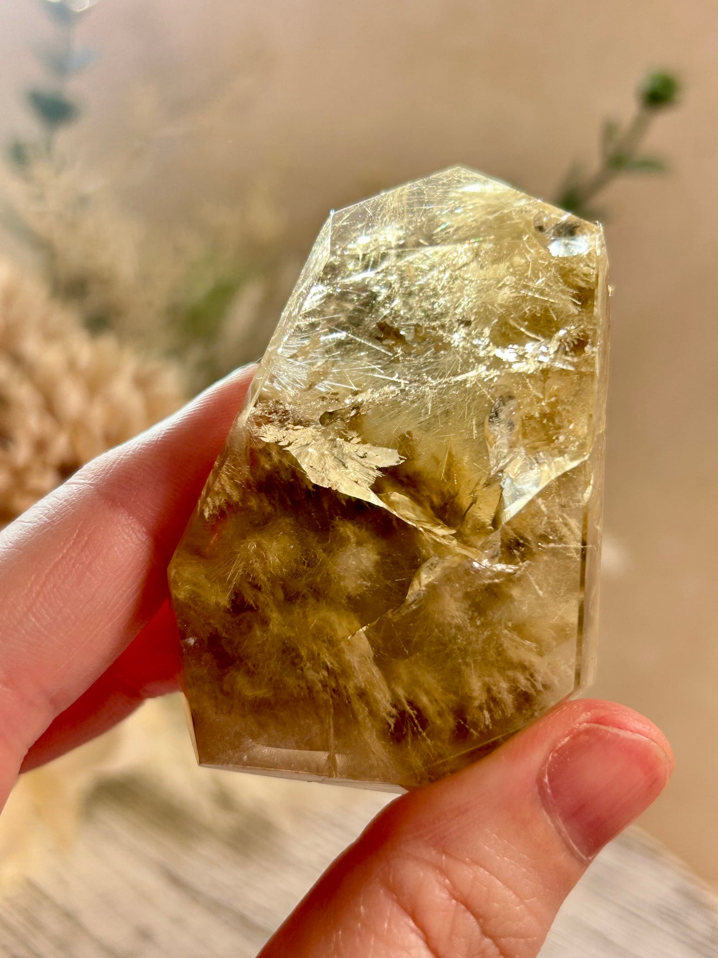 Hand holding a large crystal with a natural, rough surface against a blurred outdoor background