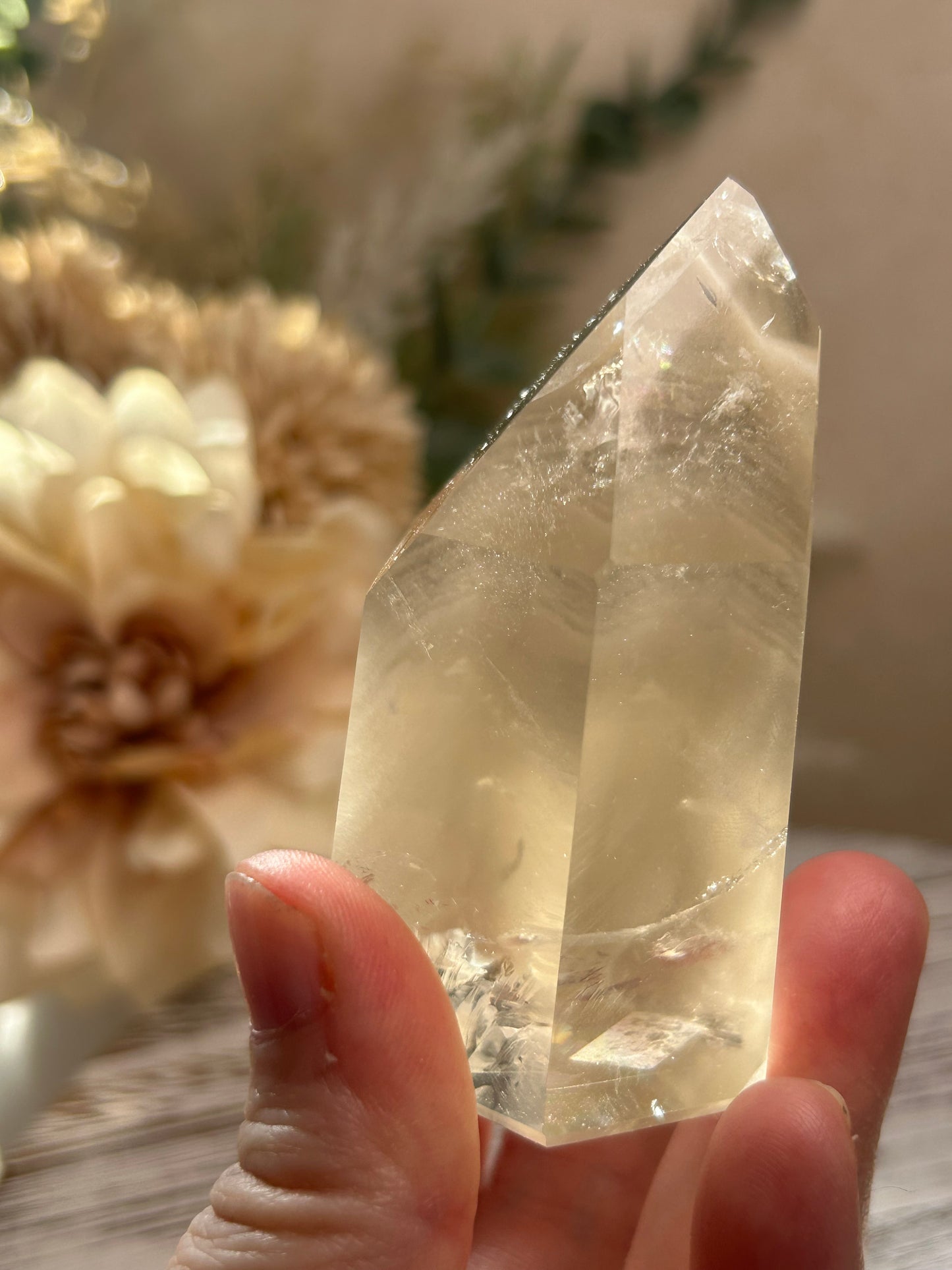 Clear crystal held by a hand with a blurred floral background