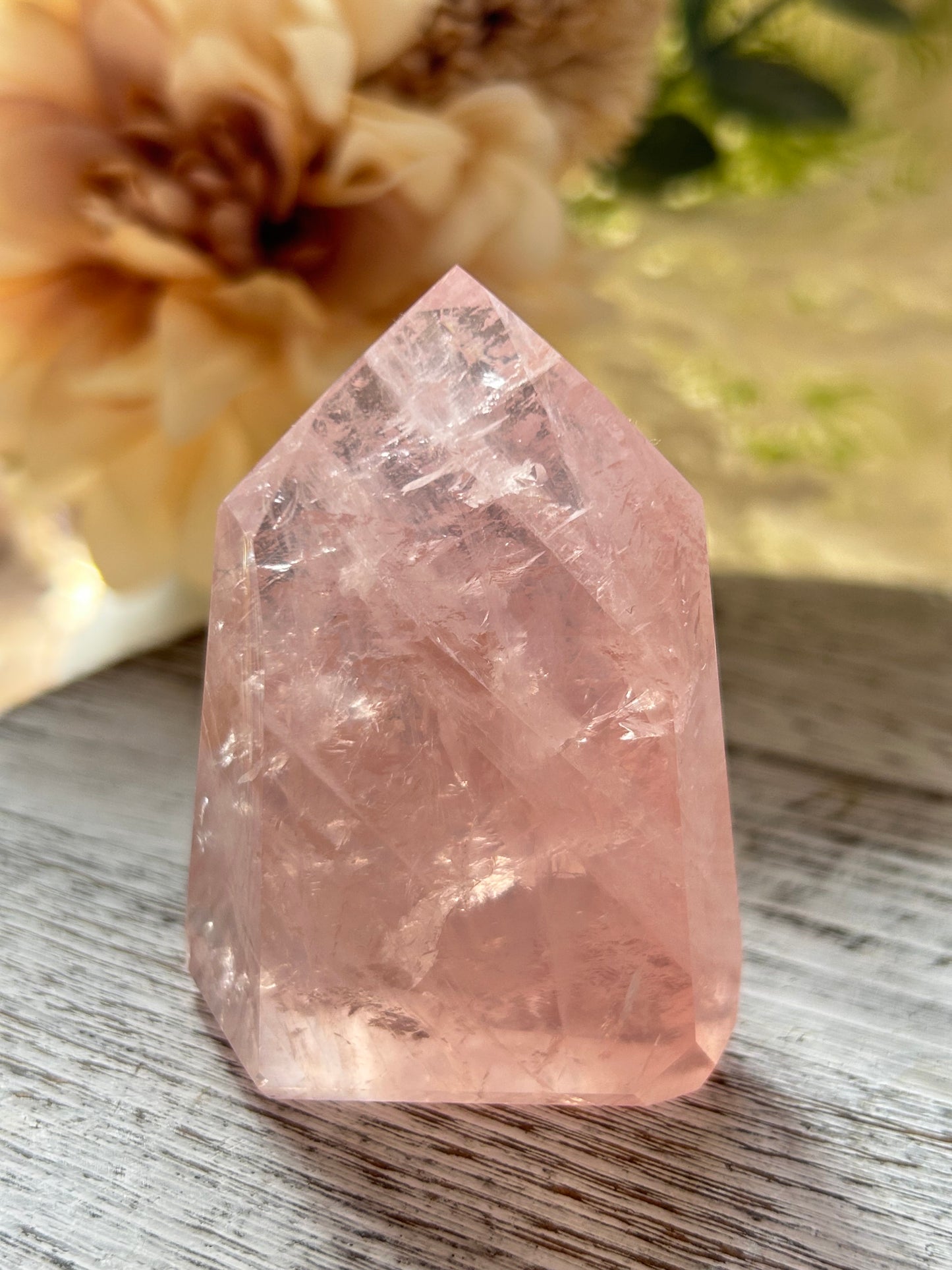 Beautiful polished Rose Quartz with calming blush tones, natural clarity, and glossy crystal finish.