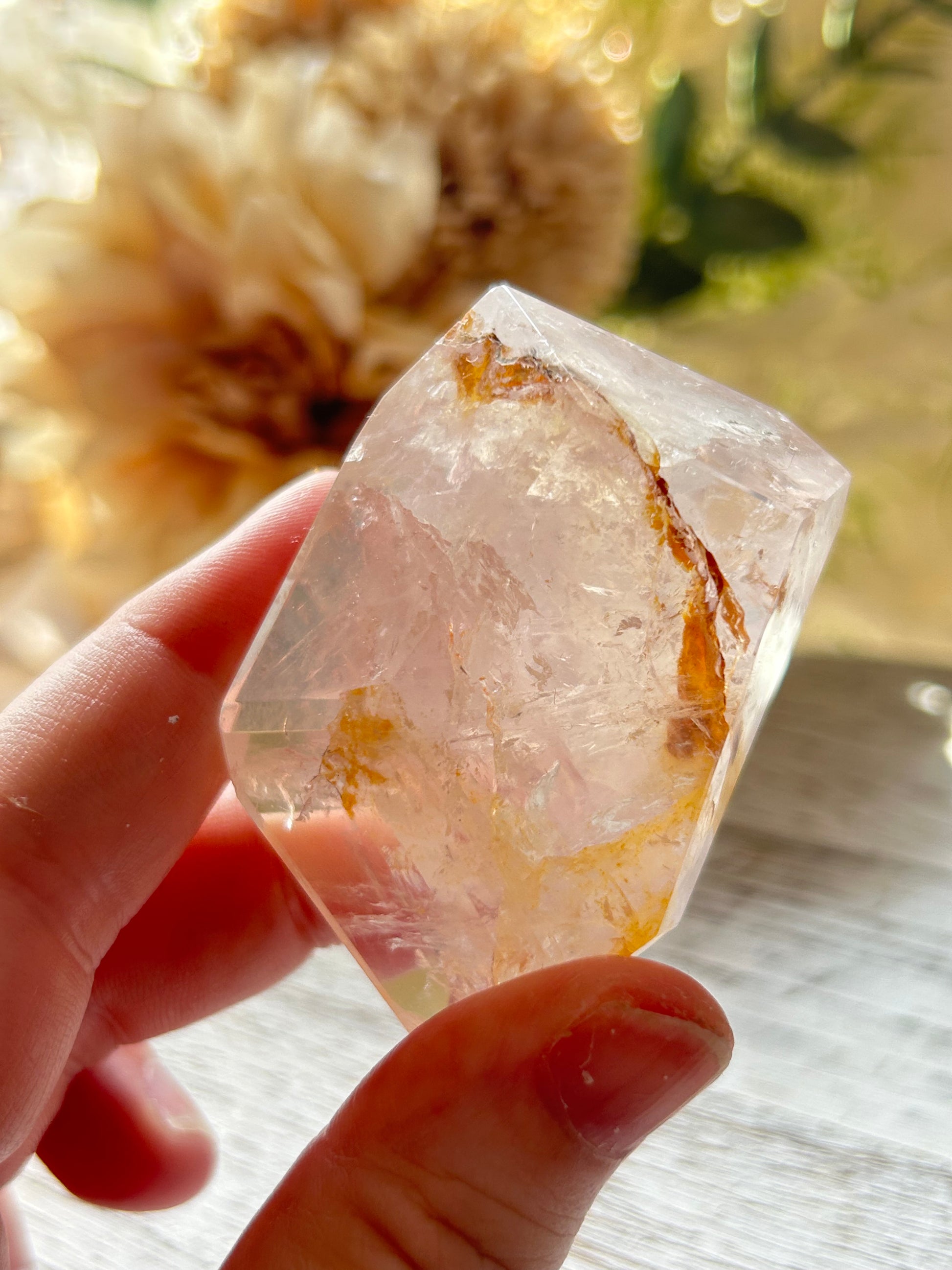 Beautiful polished Rose Quartz with calming blush tones, natural clarity, and glossy crystal finish.