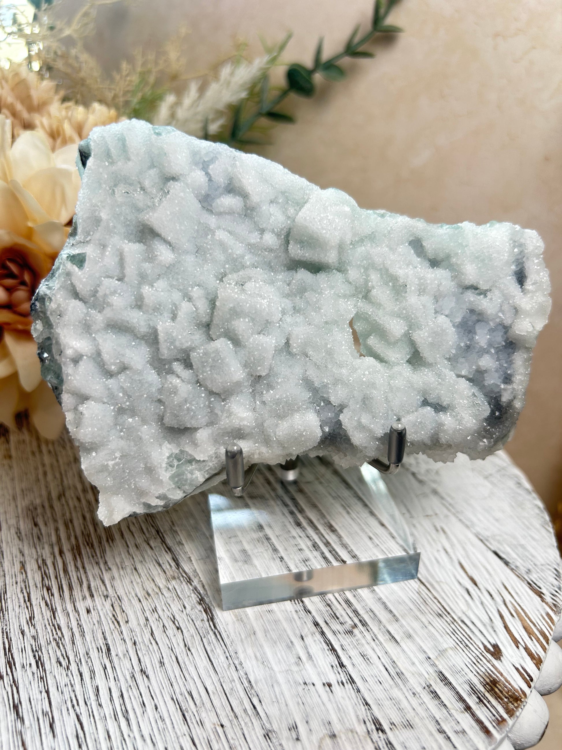 Green Sugar Fluorite cluster with sparkling druzy crystal texture, natural raw formation, and soft mint green tones.