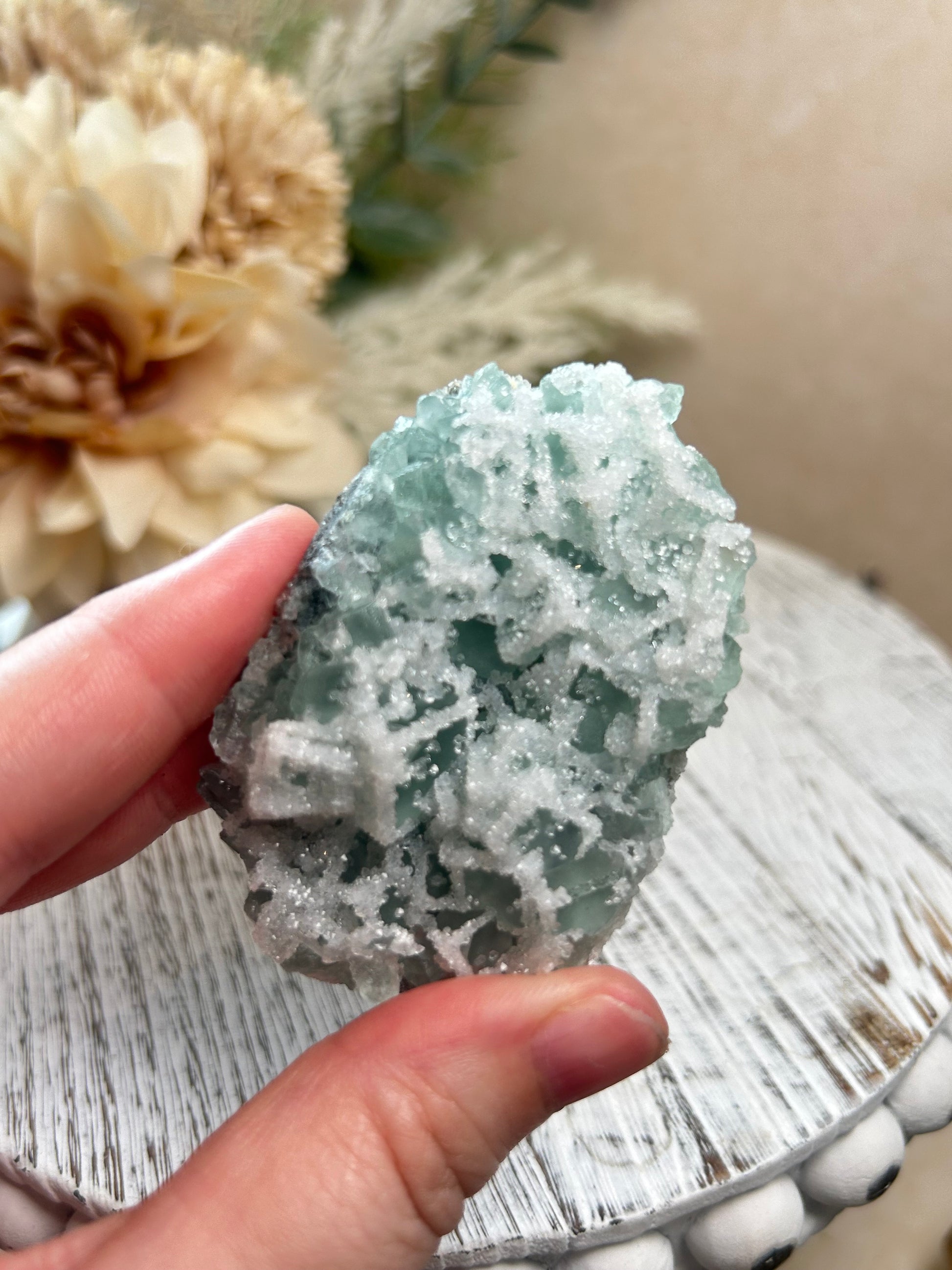 Green Sugar Fluorite cluster with sparkling druzy crystal texture, natural raw formation, and soft mint green tones.