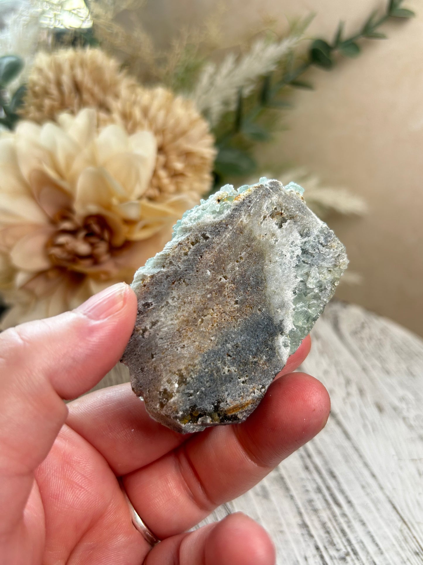 Green Sugar Fluorite cluster with sparkling druzy crystal texture, natural raw formation, and soft mint green tones.