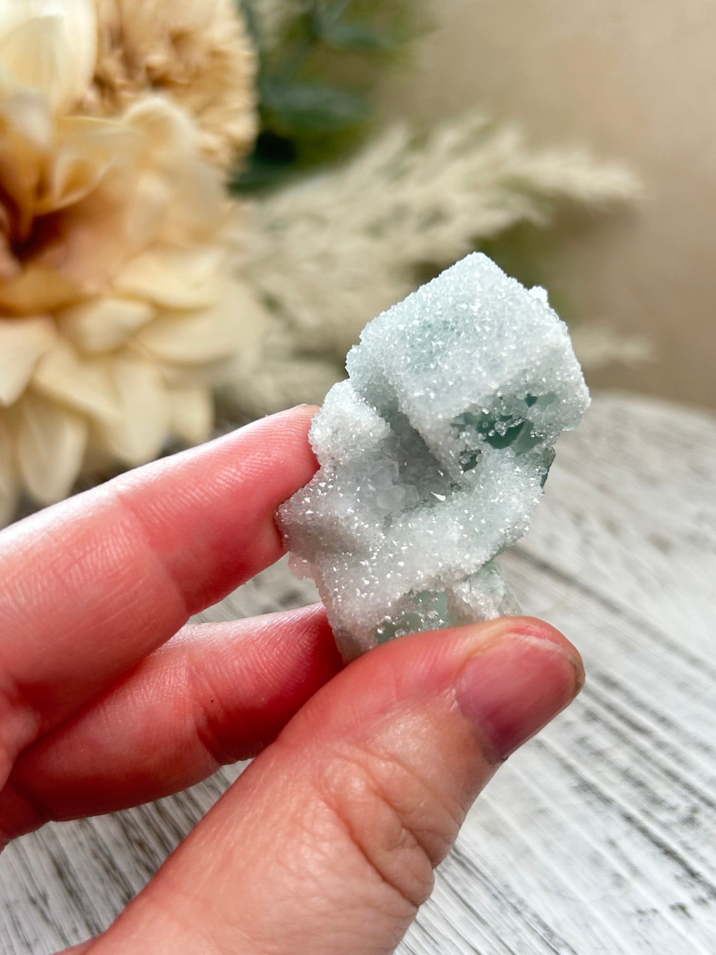 Green Sugar Fluorite cluster with sparkling druzy crystal texture, natural raw formation, and soft mint green tones.