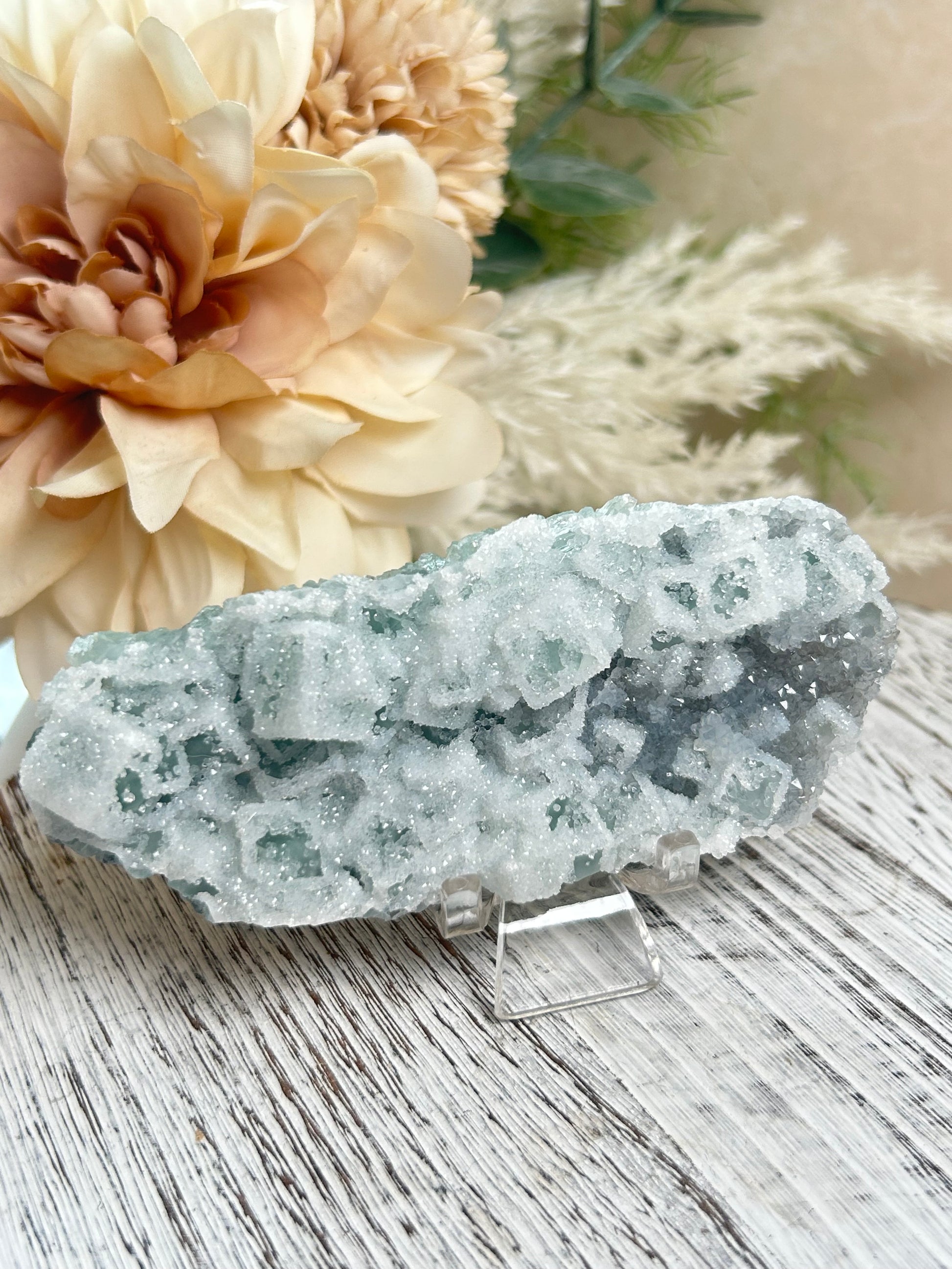 Green Sugar Fluorite cluster with sparkling druzy crystal texture, natural raw formation, and soft mint green tones.