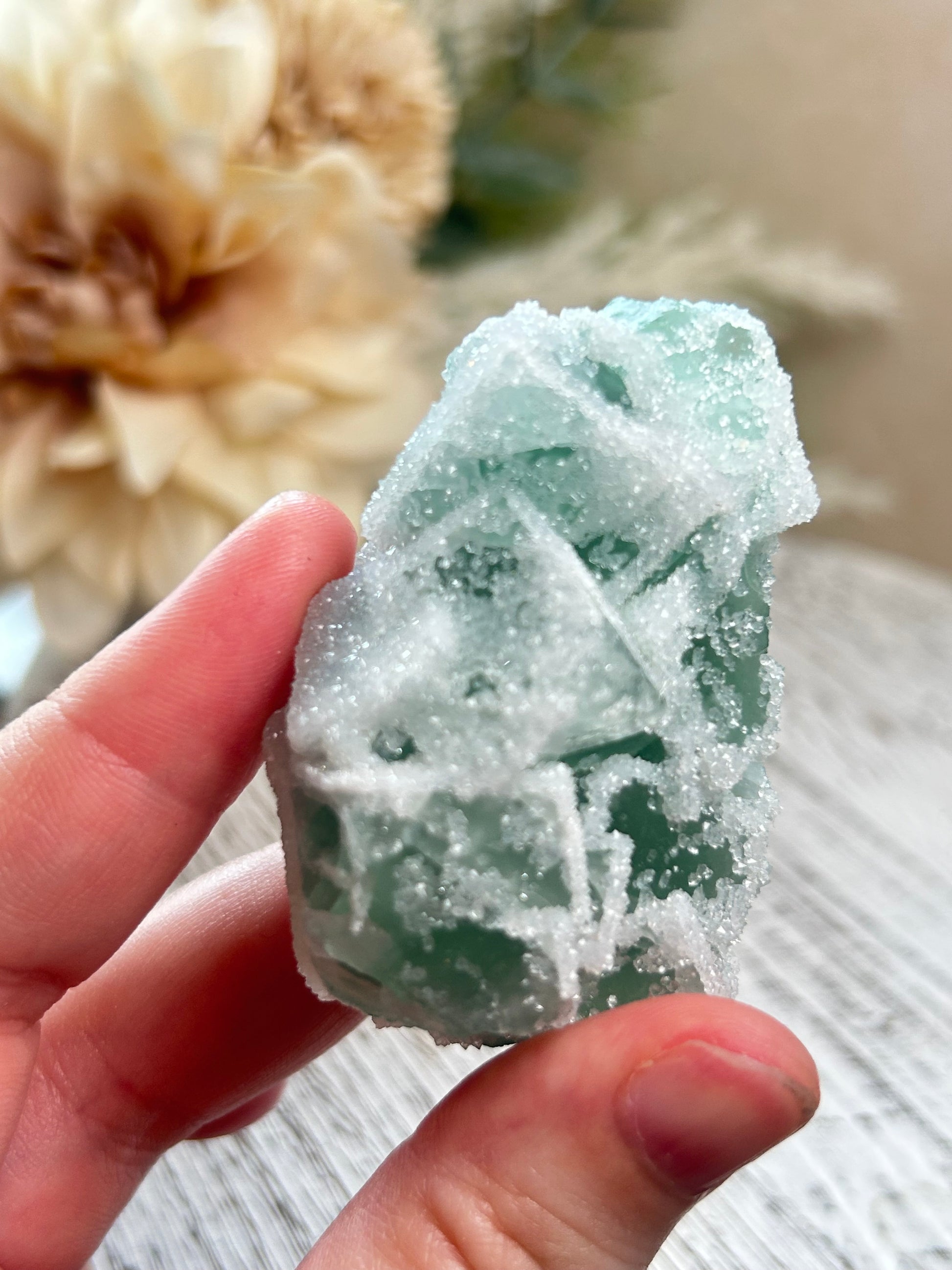 Green Sugar Fluorite cluster with sparkling druzy crystal texture, natural raw formation, and soft mint green tones.