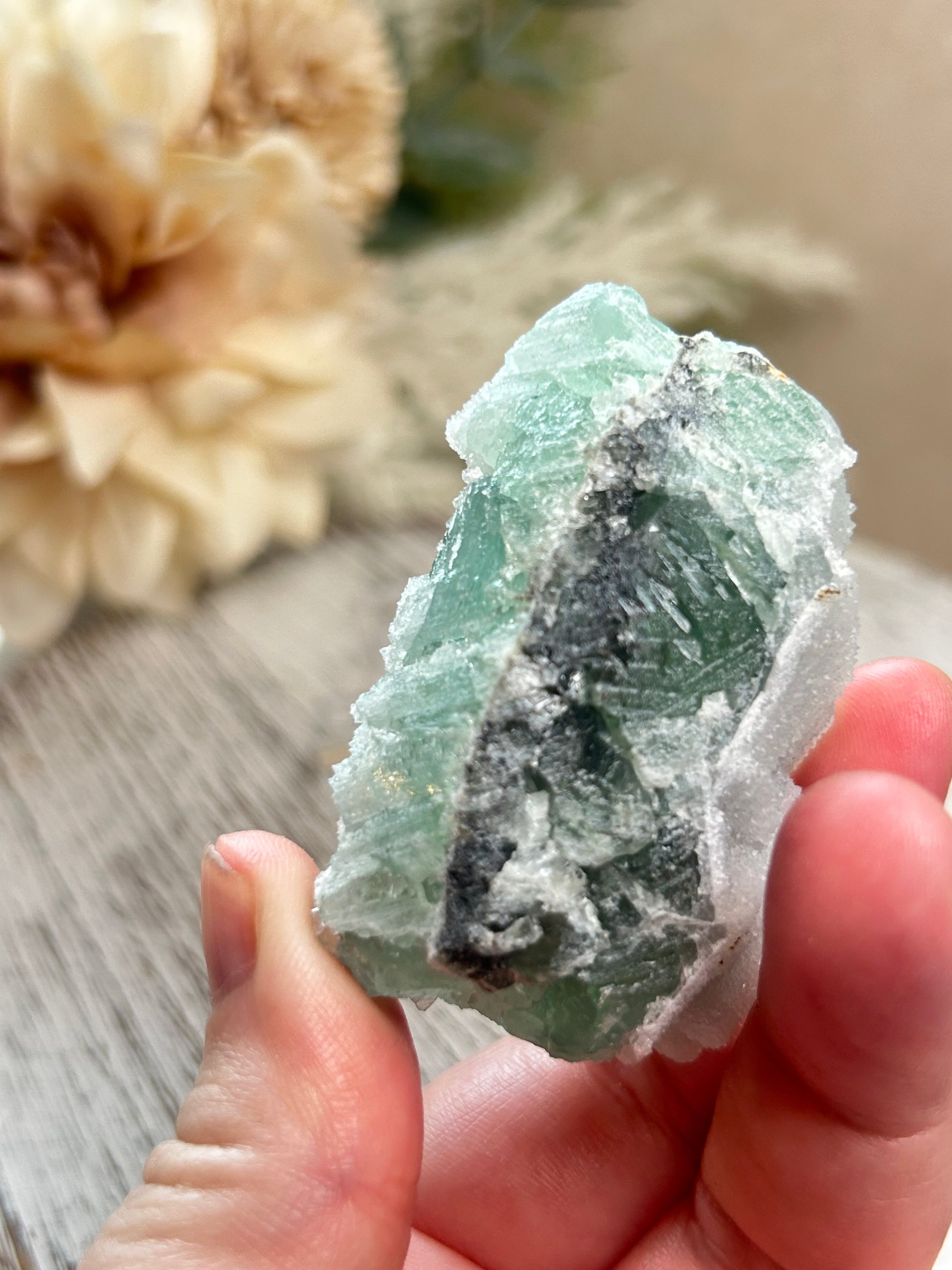Green Sugar Fluorite cluster with sparkling druzy crystal texture, natural raw formation, and soft mint green tones.