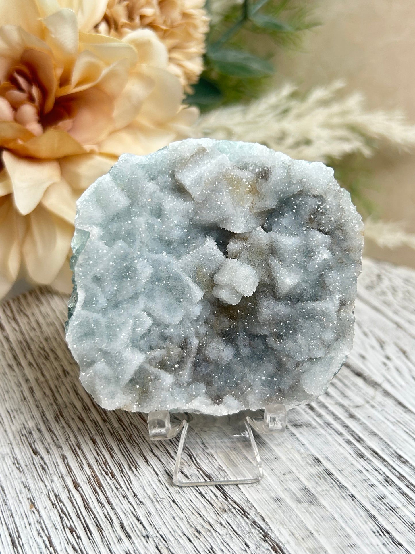 Green Sugar Fluorite cluster with sparkling druzy crystal texture, natural raw formation, and soft mint green tones.
