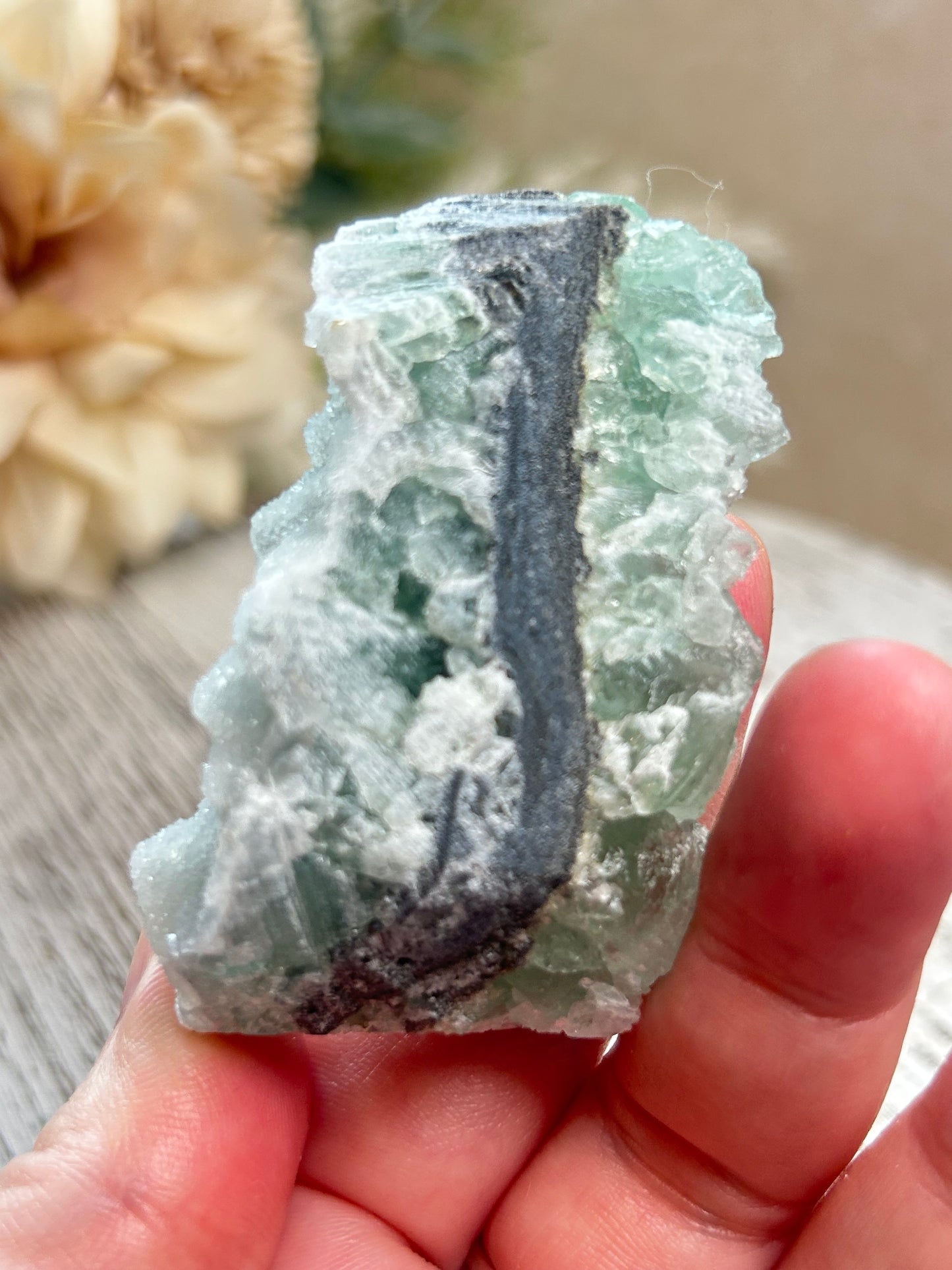 Green Sugar Fluorite cluster with sparkling druzy crystal texture, natural raw formation, and soft mint green tones.